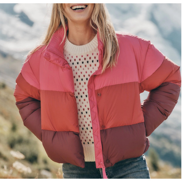 Marine Layer Pink Puffer Ski Jacket Large Cropped Oversized Retro Designer $248 - Picture 1 of 13